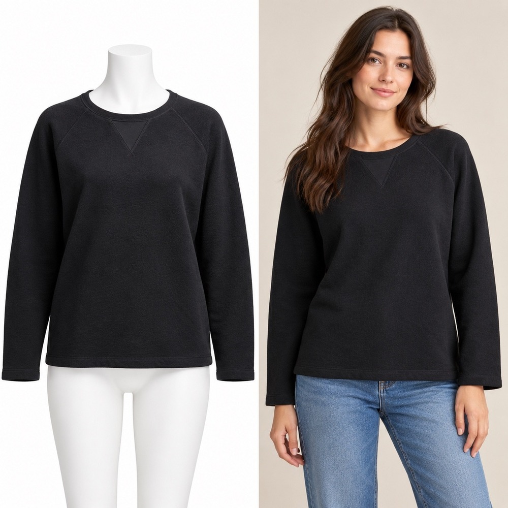 Denim & Co Sweatshirt Womens Medium Black Terry Crew Neck Raglan Long Sleeve